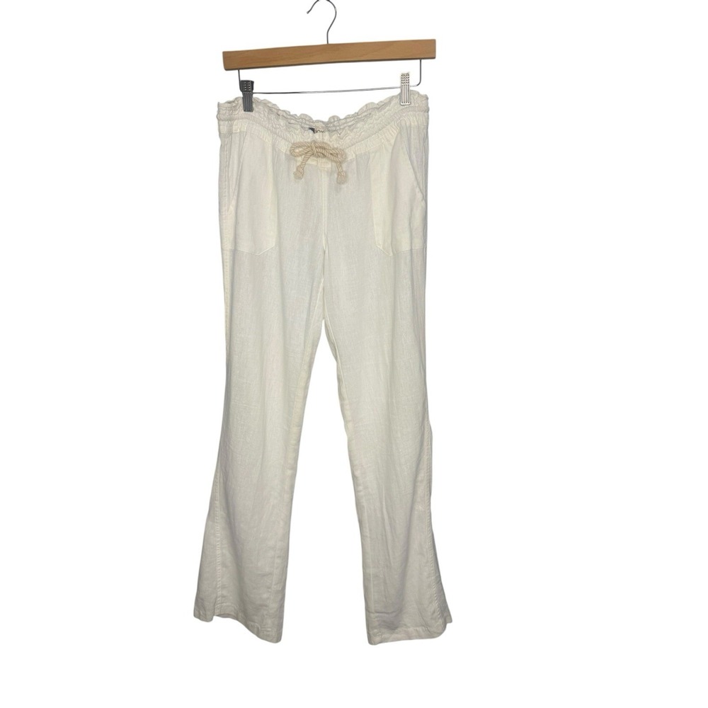 Roxy Oceanside Linen Blend Pants Summer Beach Wide Leg Size M Ivory